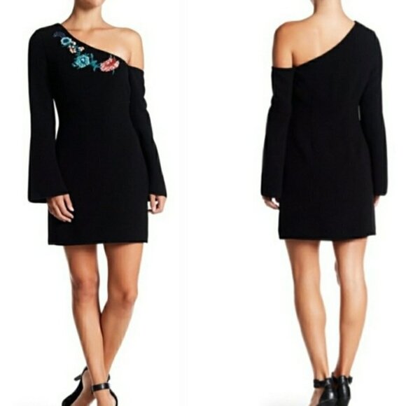NEW Rachel Zoe Harper One Shoulder Mini Dress Cocktail Floral Embellished‎ Black - Picture 1 of 11